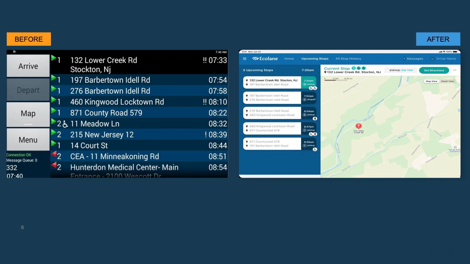 Before-and-after comparison of the paratransit driver application's trip management screen